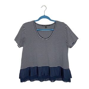 J Crew Navy Blue Striped Pleated Chiffon Hem Short Sleeve Shirt